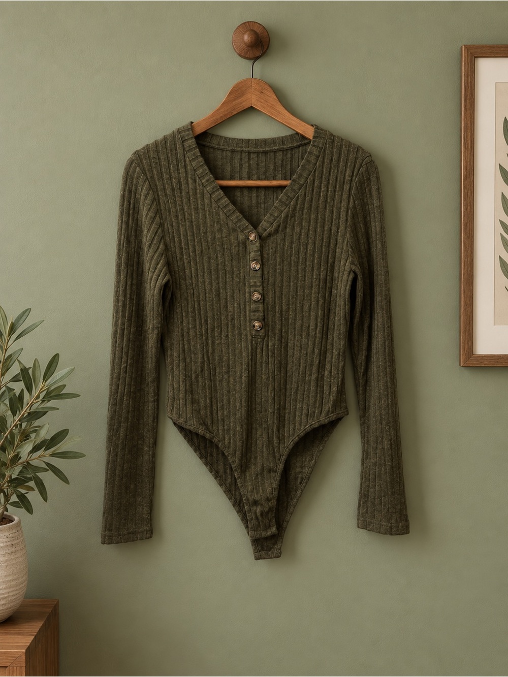 Ribbed V-Neck Long Sleeve Bodysuit - Olive